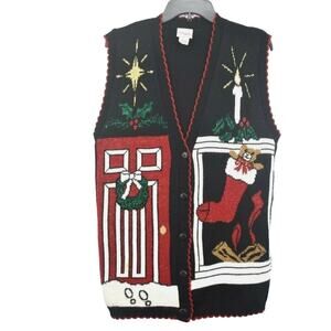 Holiday Time Womens Black Sleeveless Button Front Ugly Christmas Knit Cardigan L